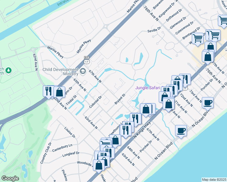 map of restaurants, bars, coffee shops, grocery stores, and more near 782 67th Avenue North in Myrtle Beach