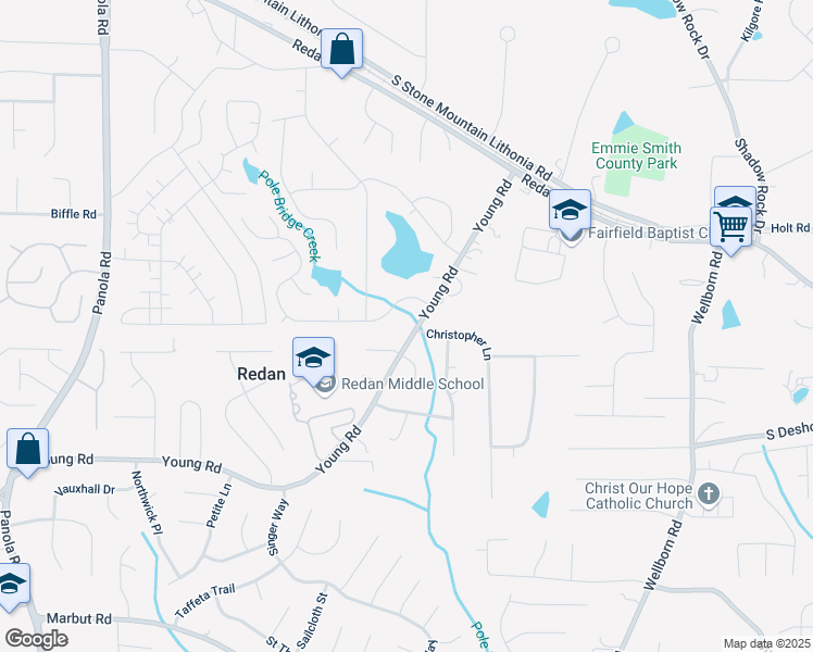 map of restaurants, bars, coffee shops, grocery stores, and more near 1661 Young Road in Lithonia