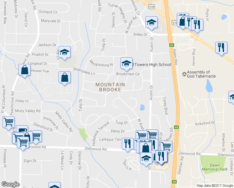 map of restaurants, bars, coffee shops, grocery stores, and more near 1713 West Austin Road in Decatur