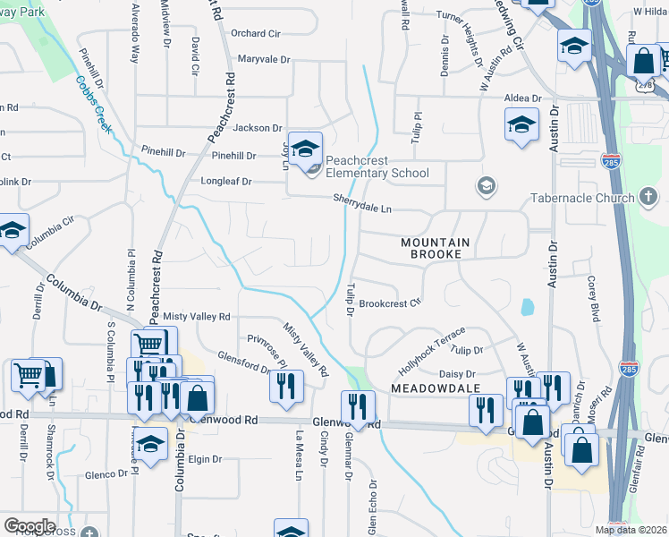 map of restaurants, bars, coffee shops, grocery stores, and more near 3543 Sweetgum Lane in Decatur