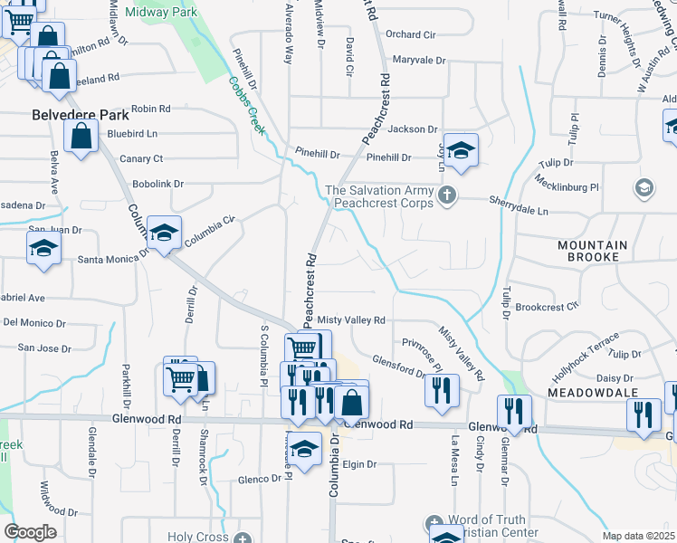 map of restaurants, bars, coffee shops, grocery stores, and more near 3369 Columbia Trce in Decatur