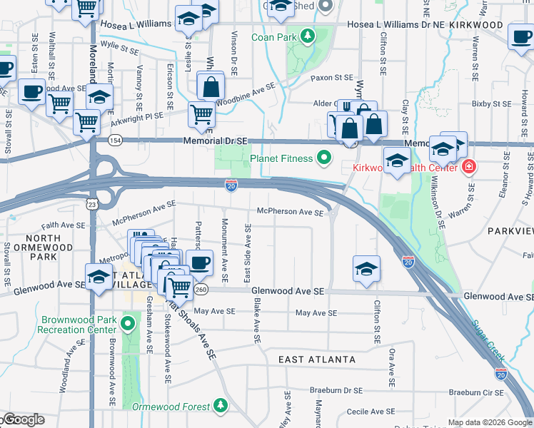 map of restaurants, bars, coffee shops, grocery stores, and more near 1491 McPherson Avenue Southeast in Atlanta