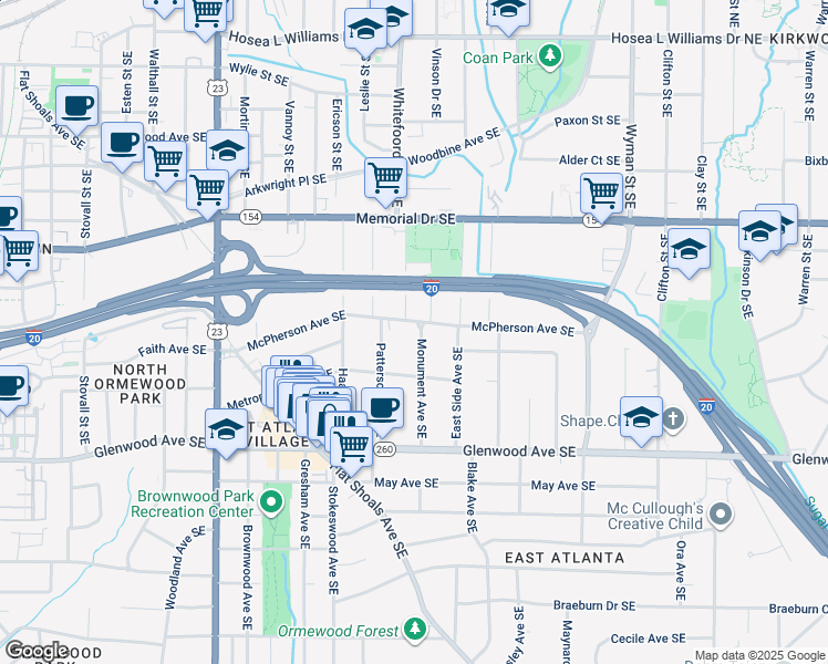 map of restaurants, bars, coffee shops, grocery stores, and more near 1397 McPherson Avenue Southeast in Atlanta