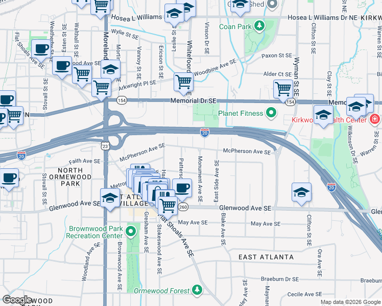 map of restaurants, bars, coffee shops, grocery stores, and more near 1397 McPherson Avenue Southeast in Atlanta