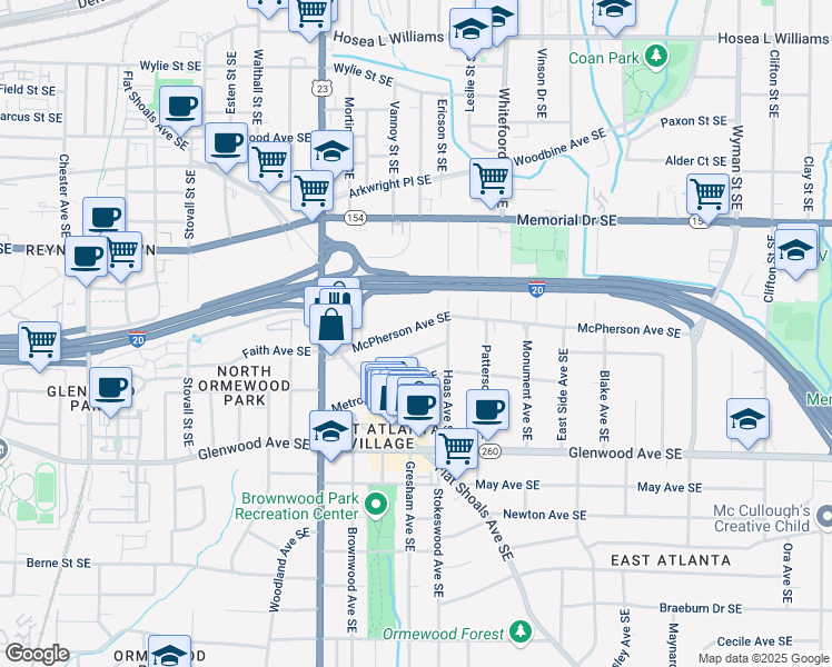 map of restaurants, bars, coffee shops, grocery stores, and more near 1277 McPherson Avenue Southeast in Atlanta