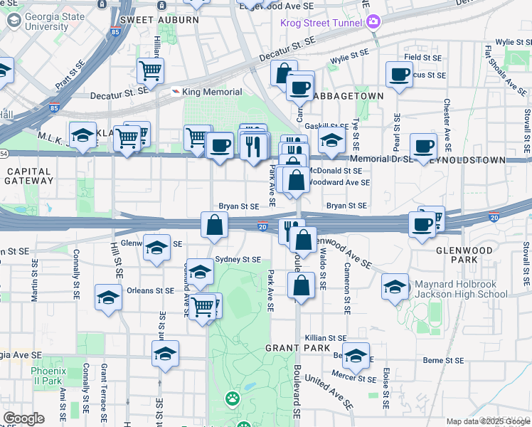 map of restaurants, bars, coffee shops, grocery stores, and more near 521 Bryan Street Southeast in Atlanta