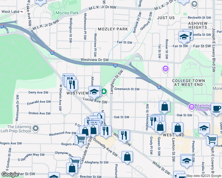map of restaurants, bars, coffee shops, grocery stores, and more near 1355 Greenwich Street Southwest in Atlanta