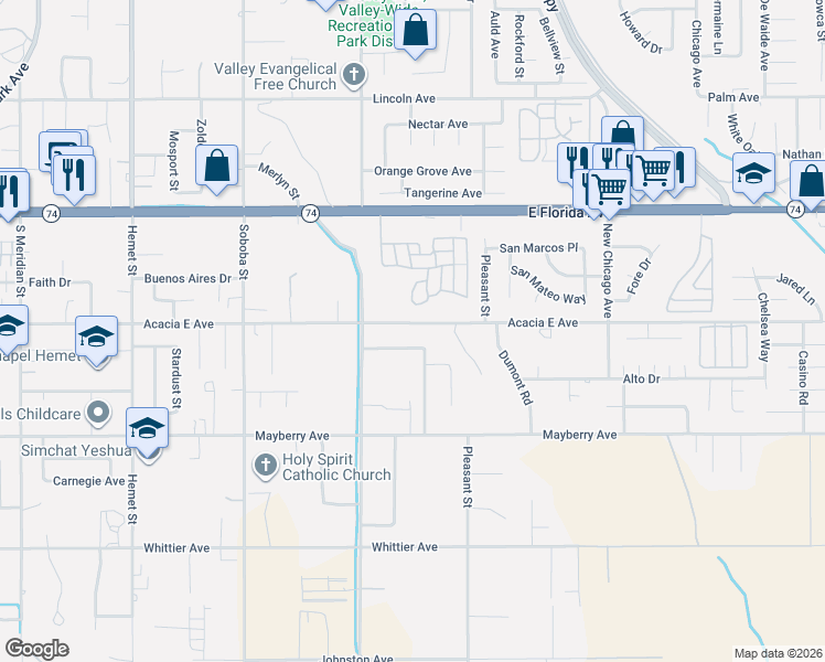map of restaurants, bars, coffee shops, grocery stores, and more near 42865 Acacia East Avenue in Hemet