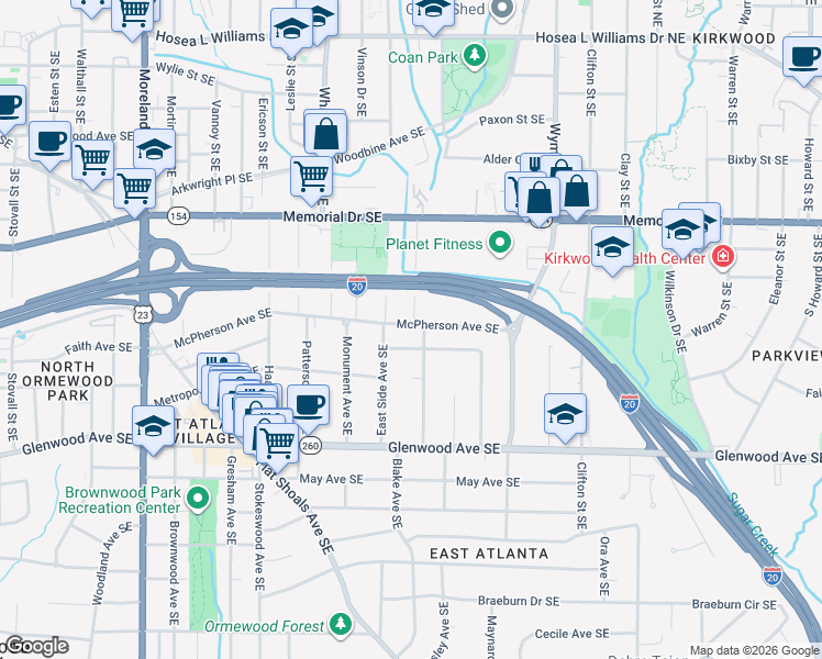 map of restaurants, bars, coffee shops, grocery stores, and more near 1491 McPherson Avenue Southeast in Atlanta