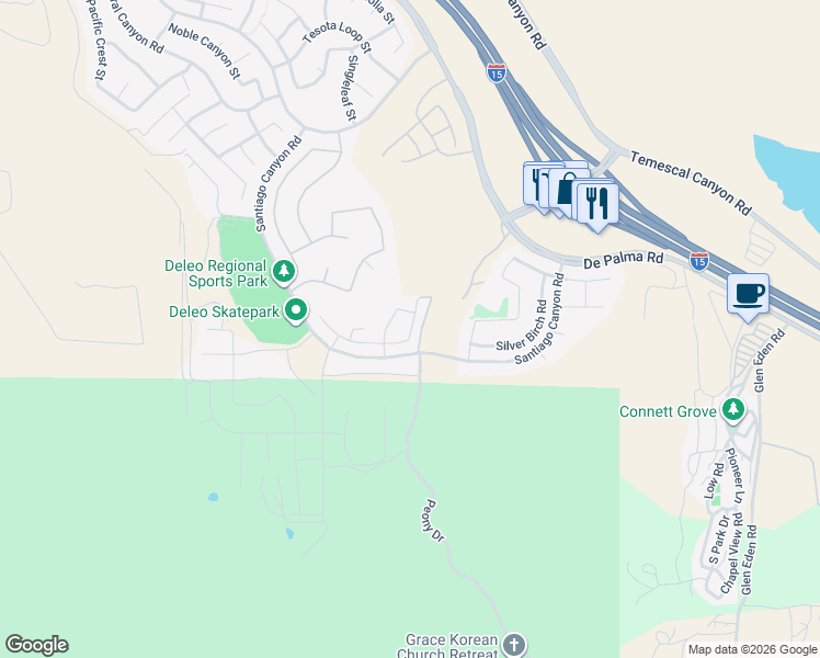 map of restaurants, bars, coffee shops, grocery stores, and more near Basil Court in Corona