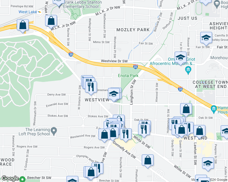 map of restaurants, bars, coffee shops, grocery stores, and more near 416 Altoona Place Southwest in Atlanta
