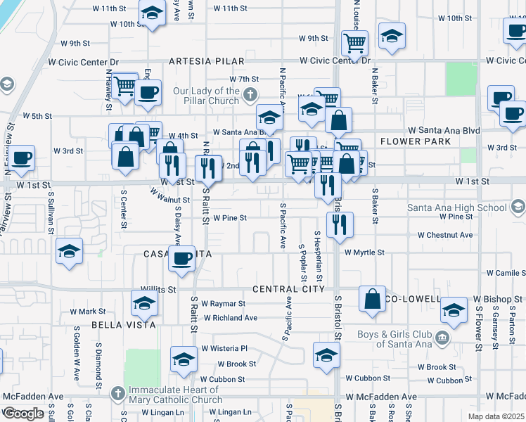 map of restaurants, bars, coffee shops, grocery stores, and more near 222 South Spruce Street in Santa Ana