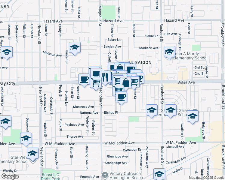 map of restaurants, bars, coffee shops, grocery stores, and more near 9088 Wallingsford Lane in Westminster