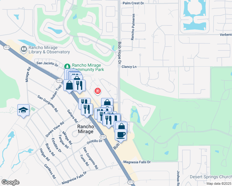 map of restaurants, bars, coffee shops, grocery stores, and more near 71971 Eleanora Lane in Rancho Mirage