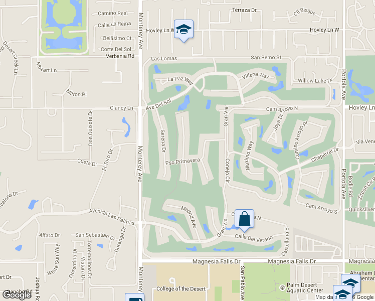 map of restaurants, bars, coffee shops, grocery stores, and more near 264 Santa Barbara Circle in Palm Desert