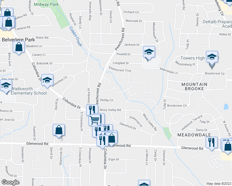 map of restaurants, bars, coffee shops, grocery stores, and more near 3417 Cobbs Ferry Drive in Decatur
