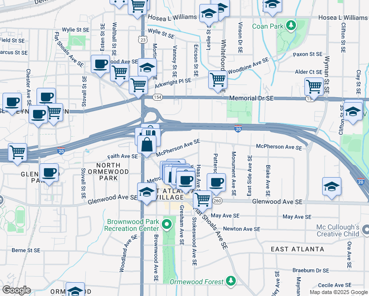 map of restaurants, bars, coffee shops, grocery stores, and more near 1277 McPherson Avenue Southeast in Atlanta