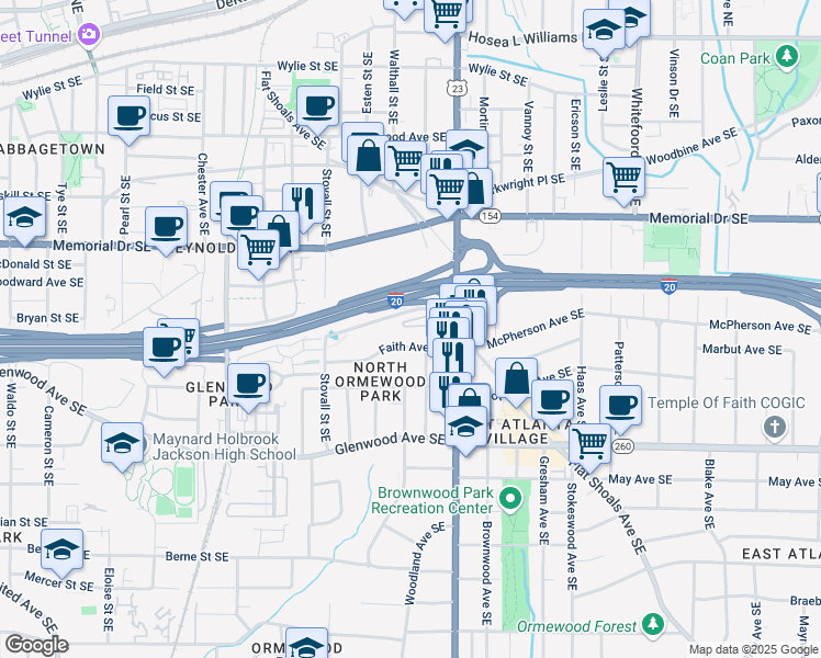map of restaurants, bars, coffee shops, grocery stores, and more near 1141 Village Court Southeast in Atlanta