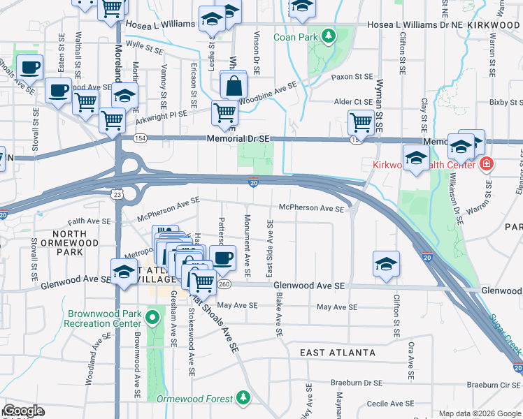 map of restaurants, bars, coffee shops, grocery stores, and more near 1441 McPherson Avenue Southeast in Atlanta
