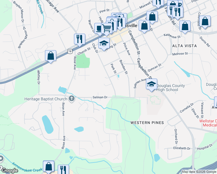 map of restaurants, bars, coffee shops, grocery stores, and more near 6718 Oakhurst Court in Douglasville