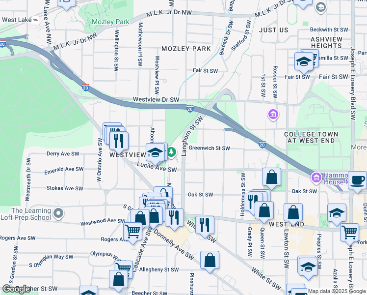 map of restaurants, bars, coffee shops, grocery stores, and more near Langhorn Street Southwest in Atlanta