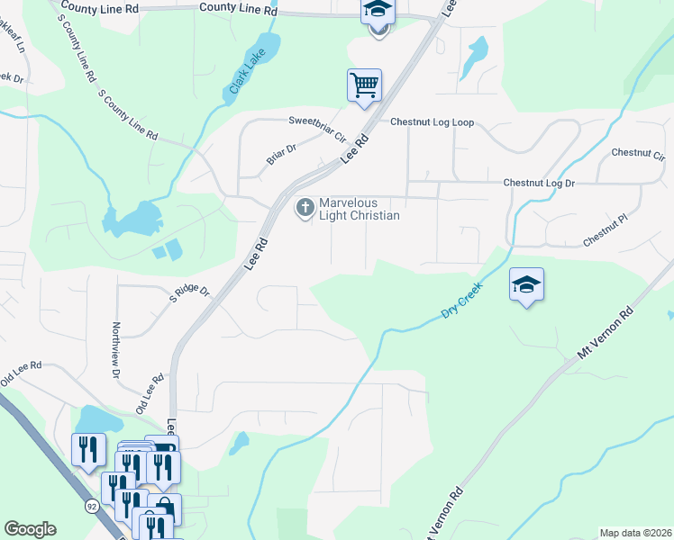 map of restaurants, bars, coffee shops, grocery stores, and more near 8685 Chestnut Lane in Lithia Springs