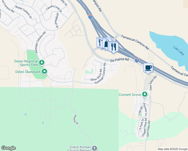 map of restaurants, bars, coffee shops, grocery stores, and more near 11772 Silver Birch Road in Corona