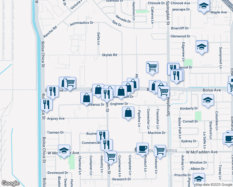map of restaurants, bars, coffee shops, grocery stores, and more near 5566 Bolsa Avenue in Huntington Beach