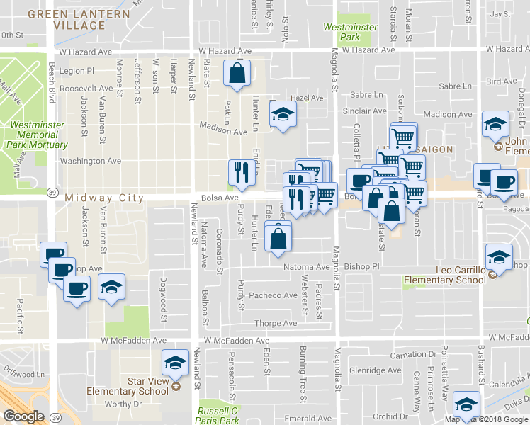 map of restaurants, bars, coffee shops, grocery stores, and more near 15041 Eden Street in Westminster