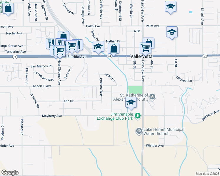 map of restaurants, bars, coffee shops, grocery stores, and more near 43723 Acacia East Avenue in Hemet