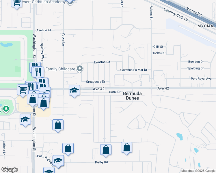 map of restaurants, bars, coffee shops, grocery stores, and more near 41929 Front Hall Road in Bermuda Dunes