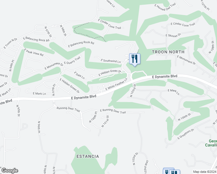 map of restaurants, bars, coffee shops, grocery stores, and more near 10146 East White Feather Lane in Scottsdale