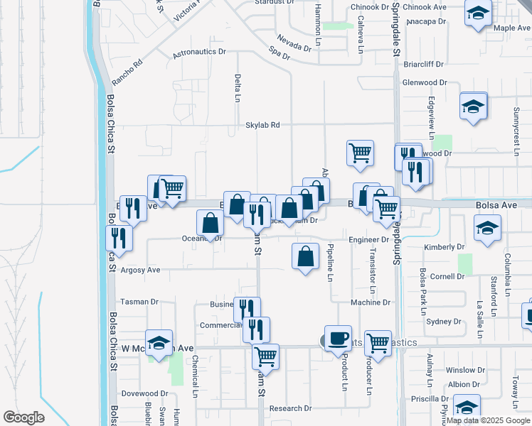 map of restaurants, bars, coffee shops, grocery stores, and more near 5566 Bolsa Avenue in Huntington Beach