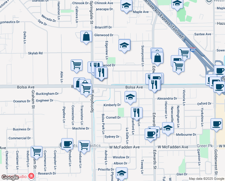 map of restaurants, bars, coffee shops, grocery stores, and more near 15031 Capetown Lane in Huntington Beach