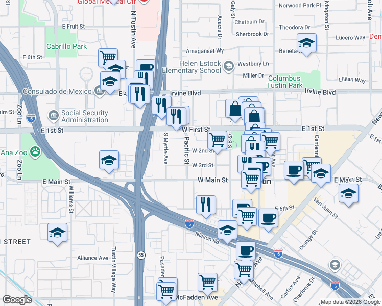 map of restaurants, bars, coffee shops, grocery stores, and more near 540 West 2nd Street in Tustin
