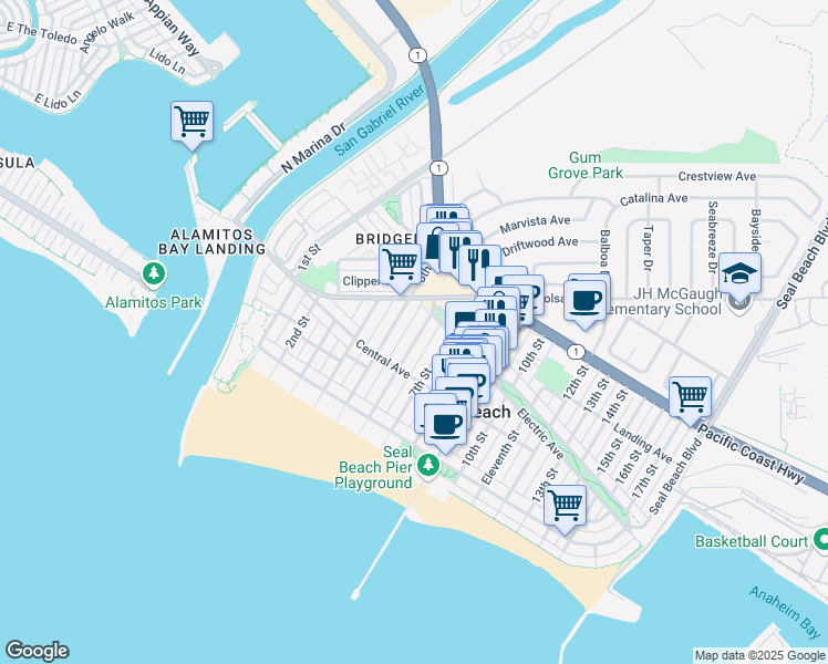 map of restaurants, bars, coffee shops, grocery stores, and more near 235 6th Street in Seal Beach