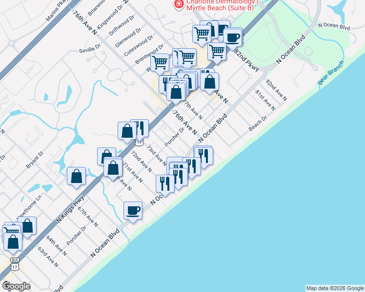 map of restaurants, bars, coffee shops, grocery stores, and more near 303 75th Avenue North in Myrtle Beach