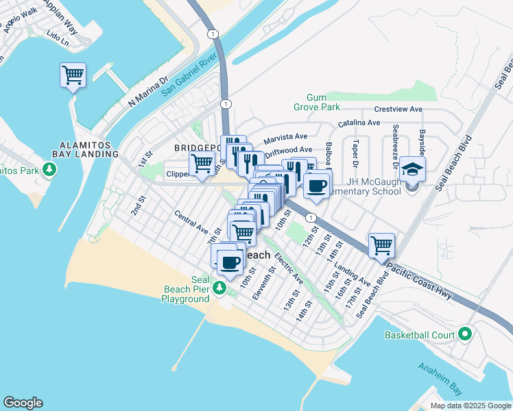 map of restaurants, bars, coffee shops, grocery stores, and more near 320 8th Street in Seal Beach