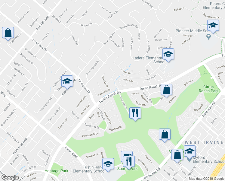 map of restaurants, bars, coffee shops, grocery stores, and more near 12390 Fairbanks Drive in Tustin