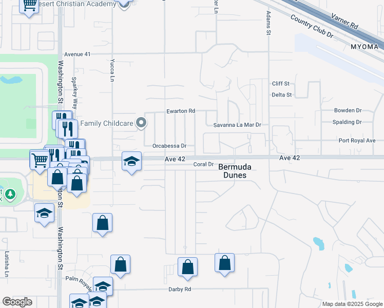 map of restaurants, bars, coffee shops, grocery stores, and more near 41929 Front Hall Road in Bermuda Dunes