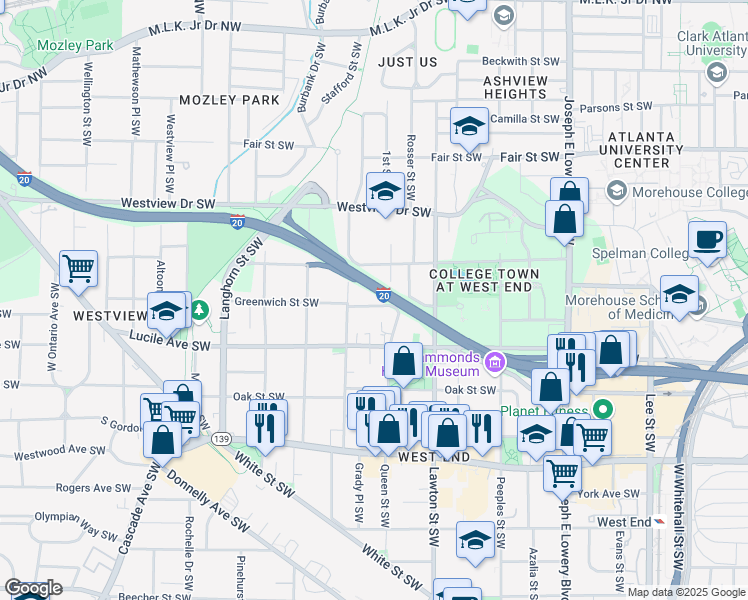 map of restaurants, bars, coffee shops, grocery stores, and more near 1167 Greenwich Street Southwest in Atlanta