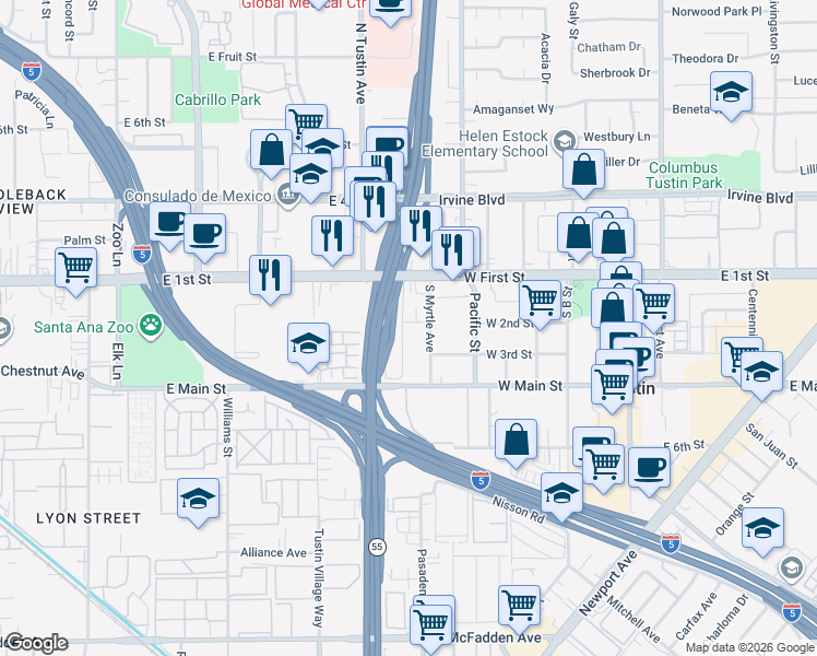 map of restaurants, bars, coffee shops, grocery stores, and more near 740 West 2nd Street in Tustin