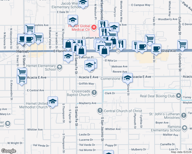 map of restaurants, bars, coffee shops, grocery stores, and more near 1200 Acacia Avenue in Hemet
