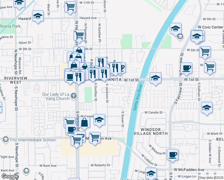 map of restaurants, bars, coffee shops, grocery stores, and more near 204 Miller Place in Santa Ana