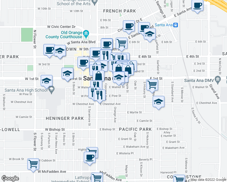 map of restaurants, bars, coffee shops, grocery stores, and more near 212 Orange Avenue in Santa Ana