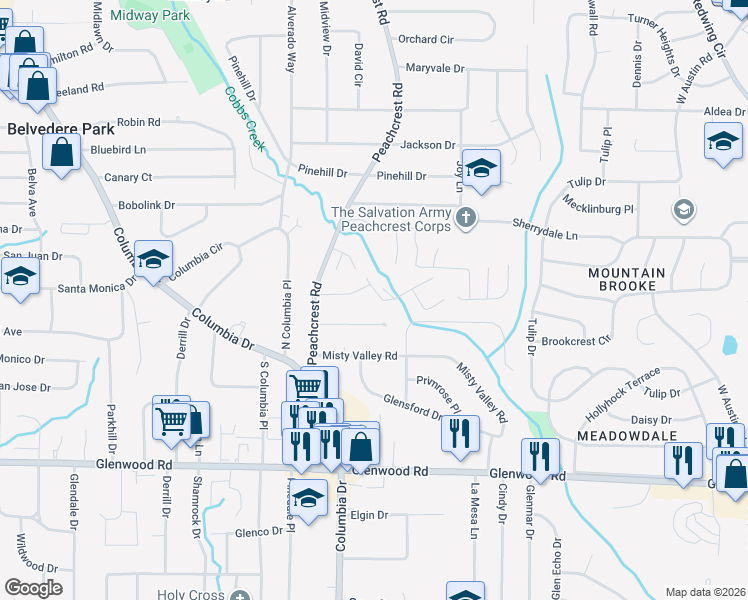 map of restaurants, bars, coffee shops, grocery stores, and more near 3417 Cobbs Ferry Drive in Decatur