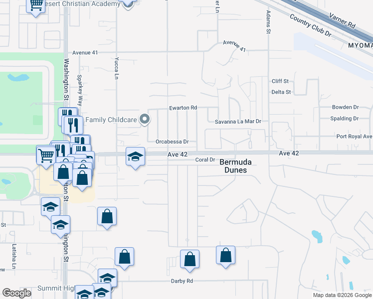 map of restaurants, bars, coffee shops, grocery stores, and more near 78580 Avenue 42 in Bermuda Dunes