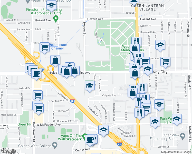 map of restaurants, bars, coffee shops, grocery stores, and more near 15042 Temple Street in Westminster