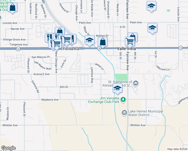 map of restaurants, bars, coffee shops, grocery stores, and more near 26012 Chelsea Way in Hemet