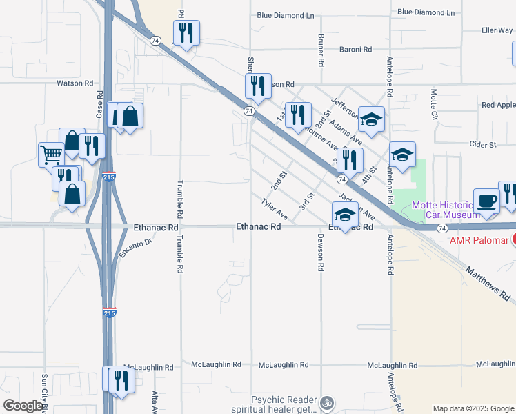 map of restaurants, bars, coffee shops, grocery stores, and more near 25920 Sherman Road in Menifee